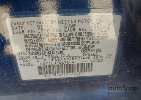 2019 Nissan Versa 1.6 Sv from USA, damaged, VIN 3N1CN7AP1KL871310